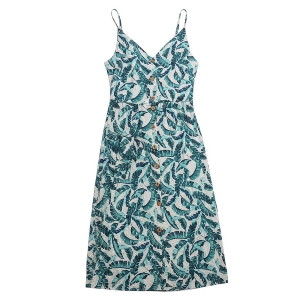 Joe Fresh Tropical Banana Leaf Linen Blend Button Front Midi Sundress Teal M